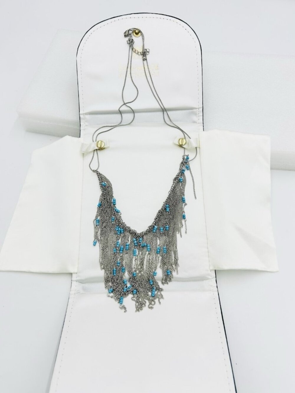 Vintage Multi Strand Silver Tone Turquoise Beaded Fringe Chain 18" Necklace NEW